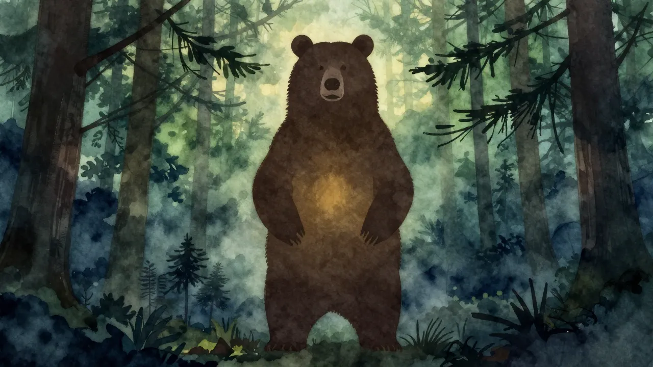 Vibrant watercolor style. A massive, dark brown bear silhoue...
