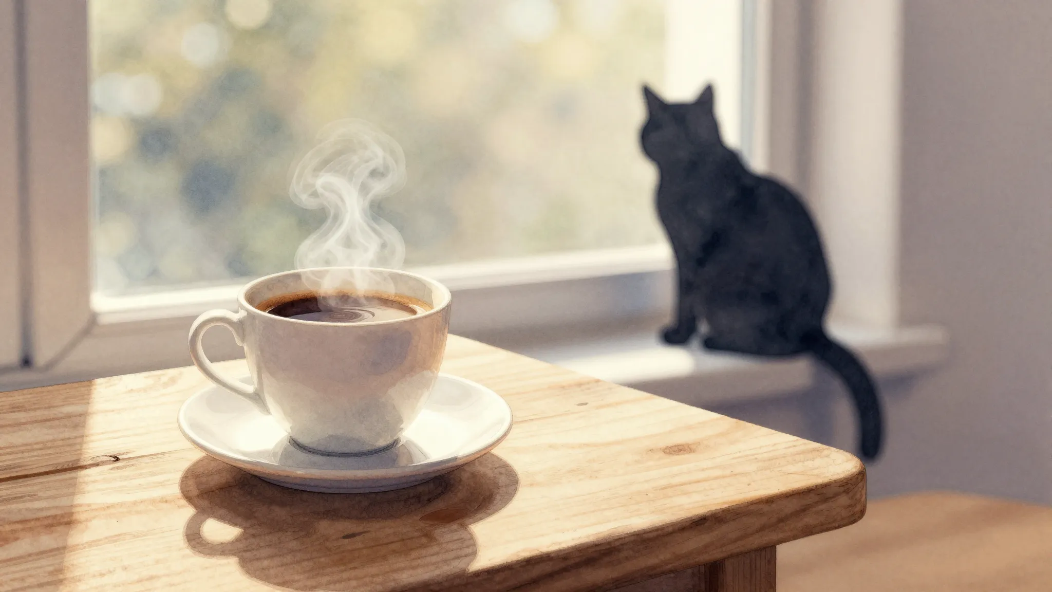 Watercolor style. A cozy morning scene, a cup of hot coffee ...