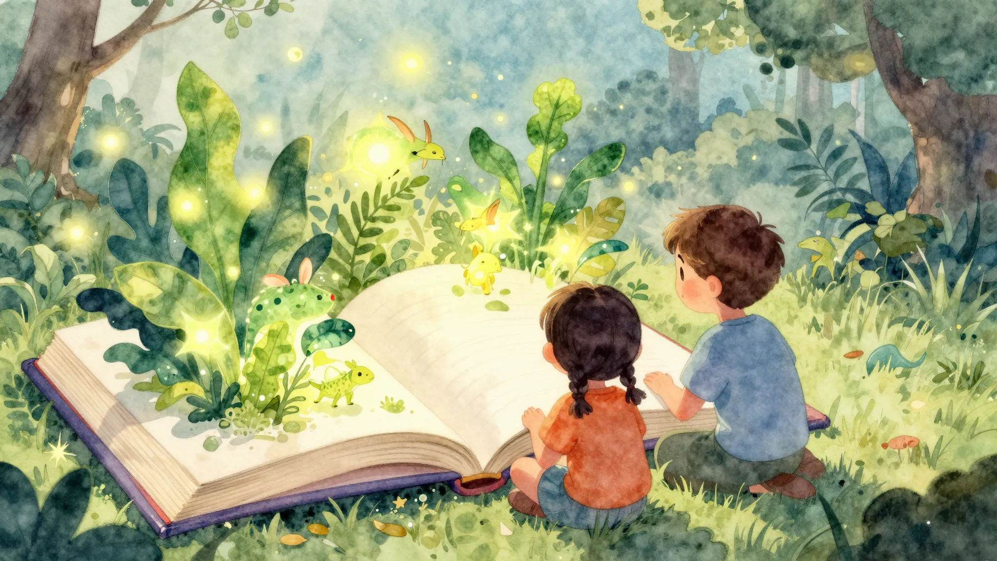 Watercolor style. Children looking at a large open book with...