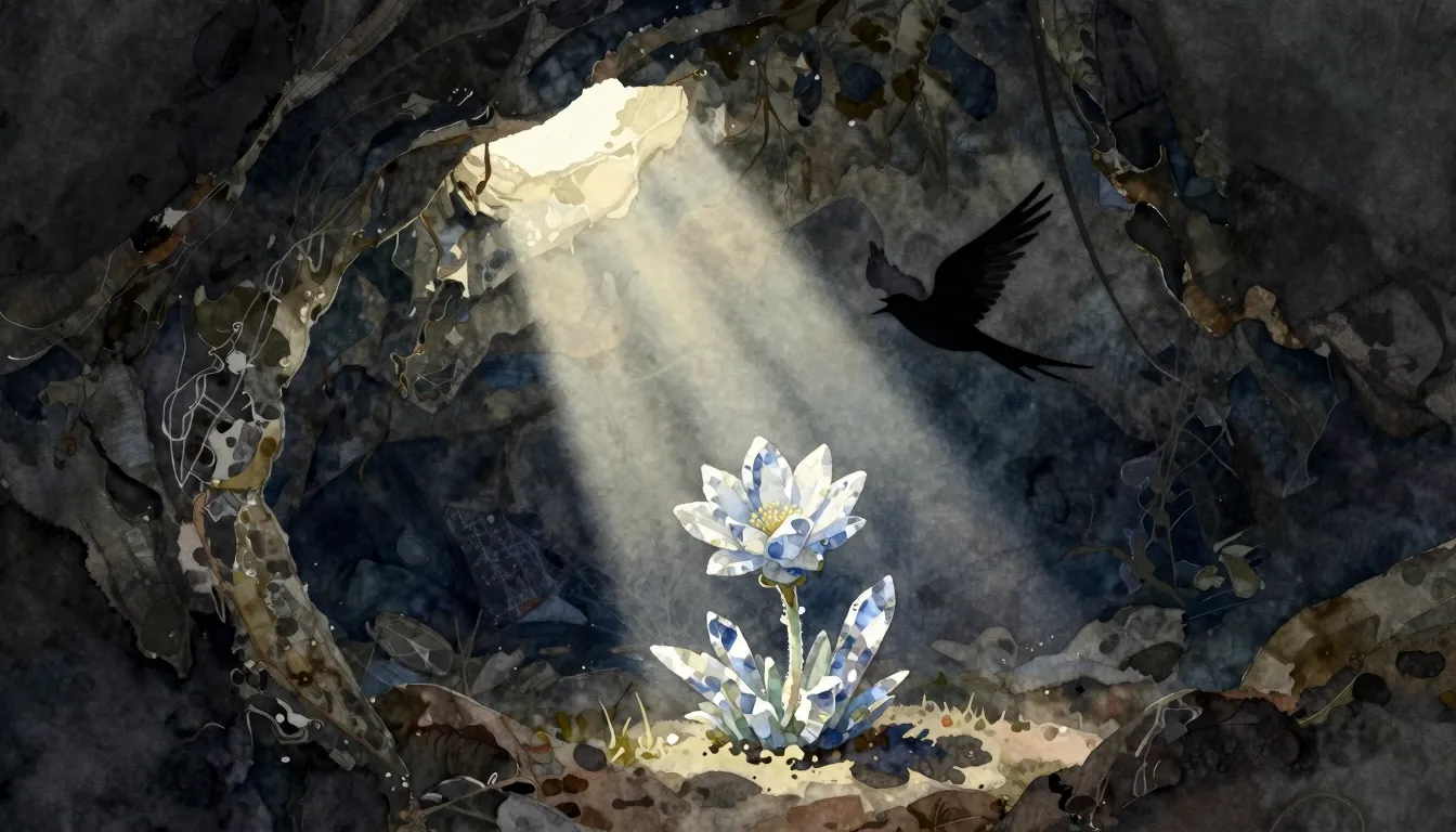 Watercolor style. A dark cave with a single bright ray of li...