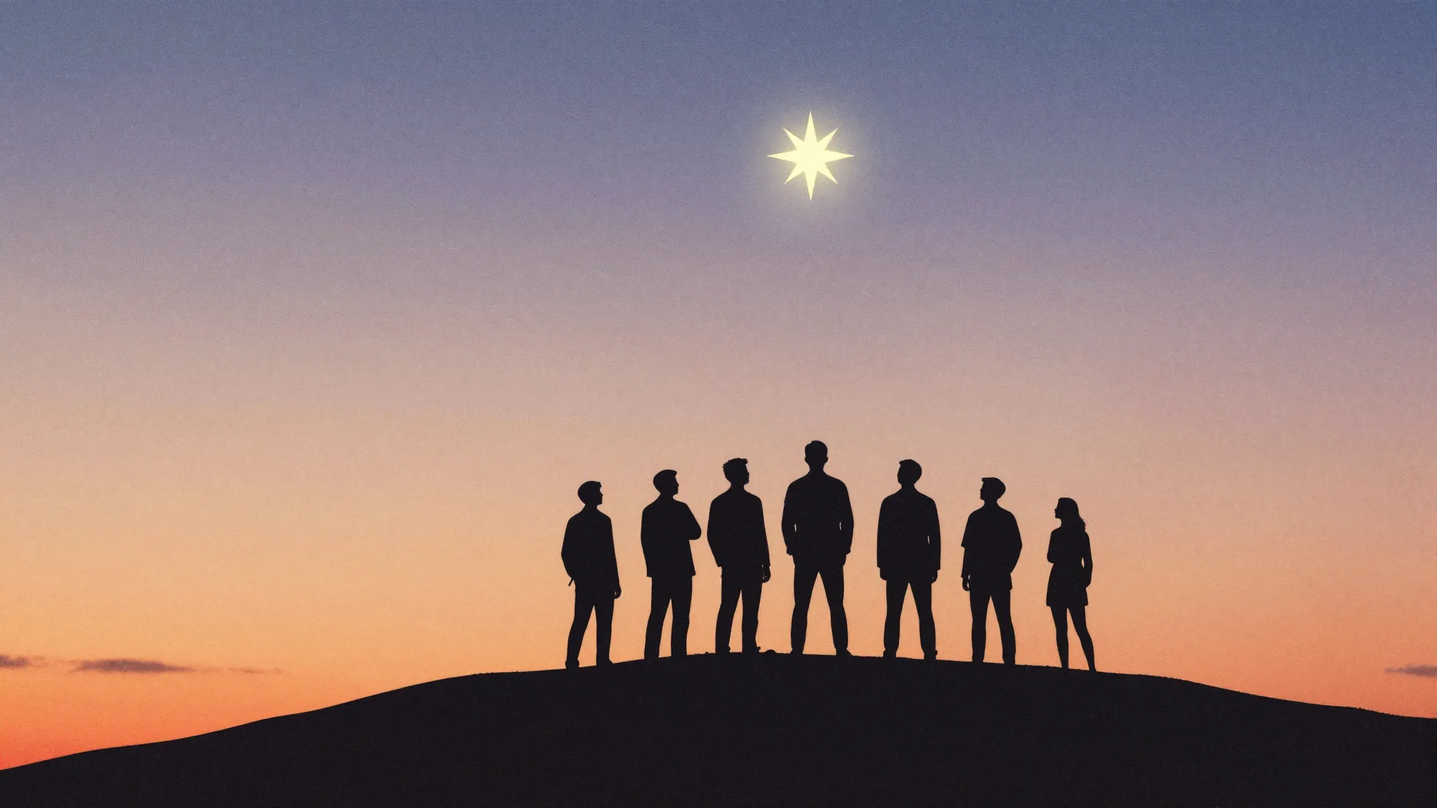 Watercolor style. A silhouette of a team standing on a hill,...