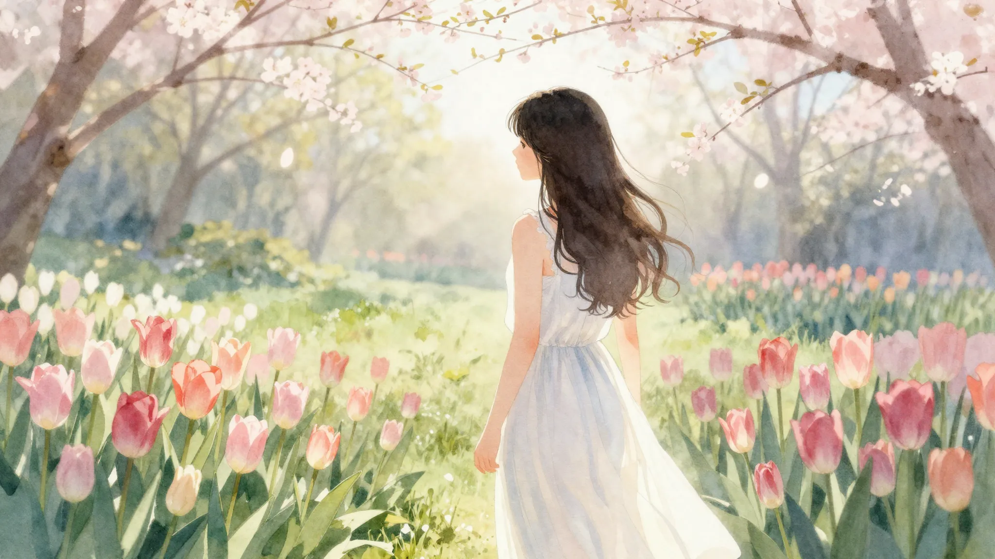 Watercolor style. Silhouette of a young woman standing in a ...