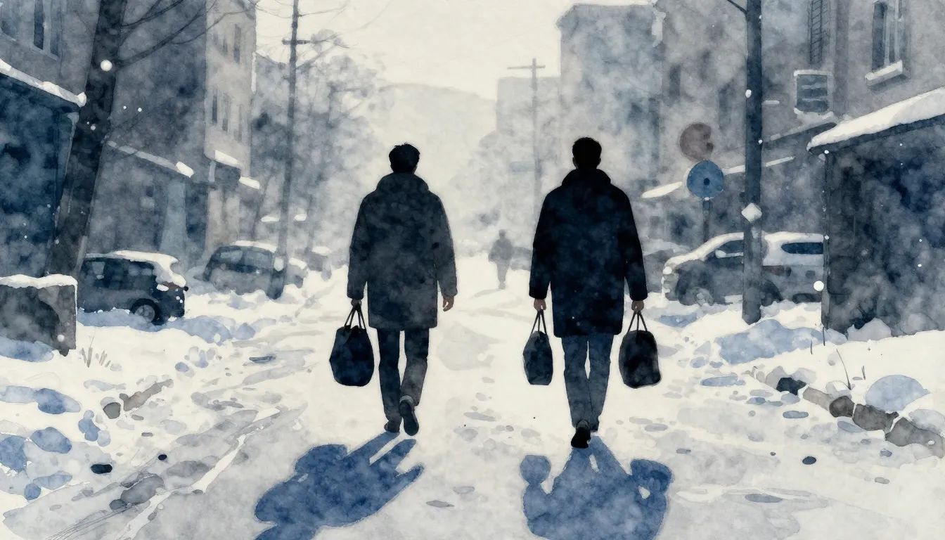 Watercolor style. Two silhouettes of men walking through a s...