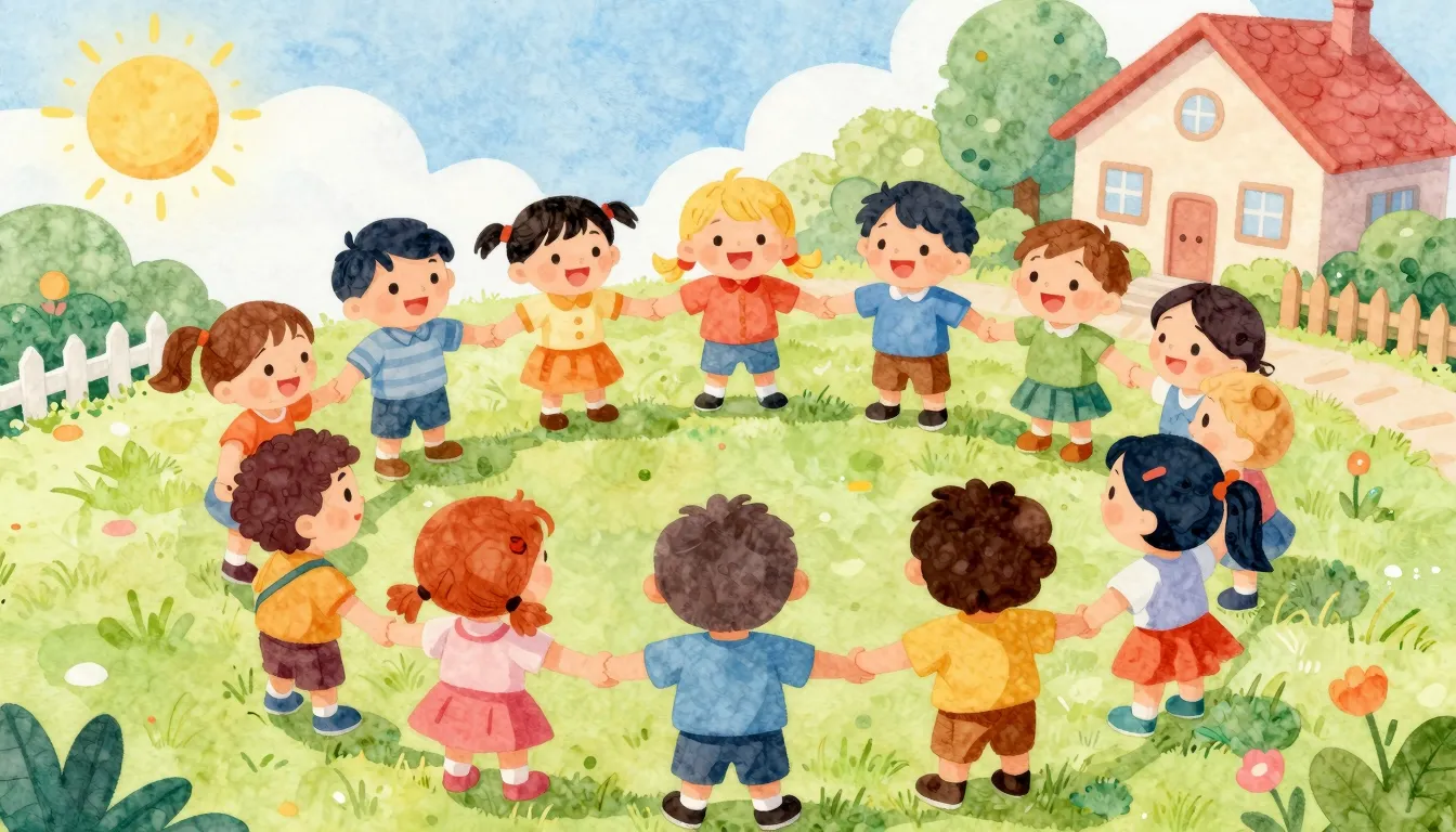 Vibrant watercolor style. Children's song cover art: diverse...