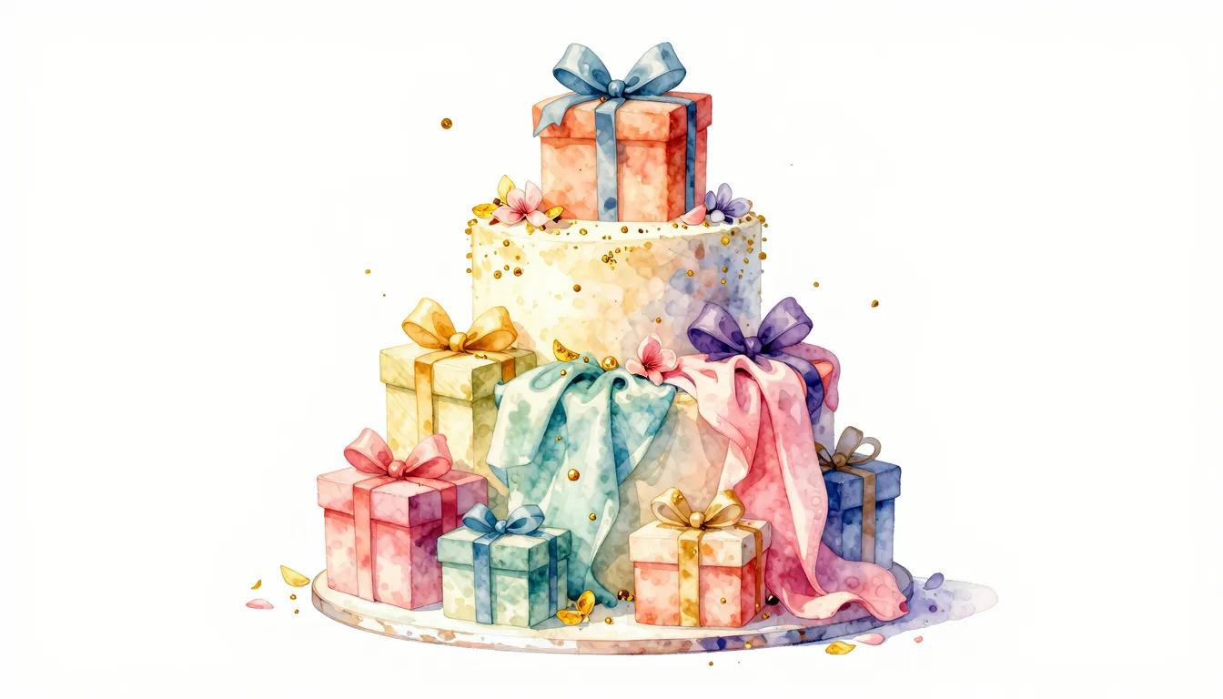 Watercolor style. A large elegant birthday cake shaped like ...