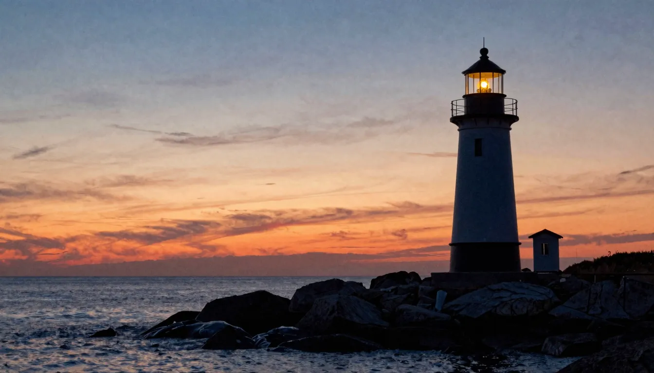 Watercolor style. Silhouette of a lighthouse on a rocky shor...