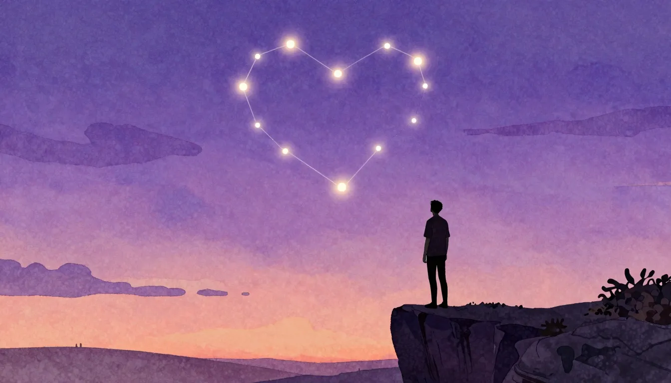 Watercolor style. A silhouette of a person standing on a cli...