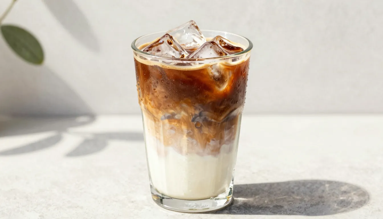 Watercolor style. A tall glass of iced latte with layers of ...