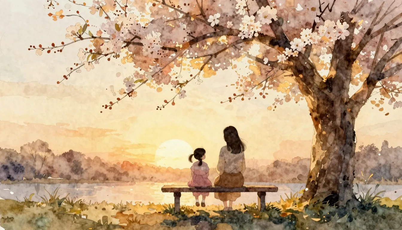 Watercolor style. A soft silhouette of a mother and daughter...