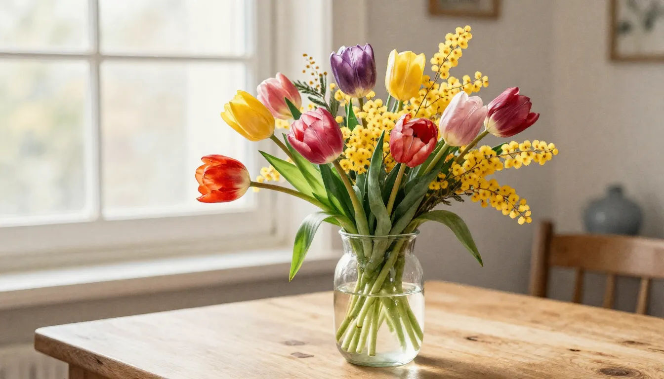 Watercolor style. A vibrant bouquet of spring tulips and mim...