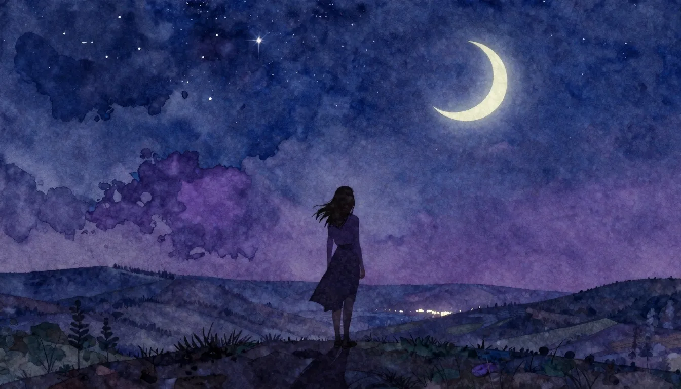 Watercolor style. A silhouette of a woman standing on a hill...
