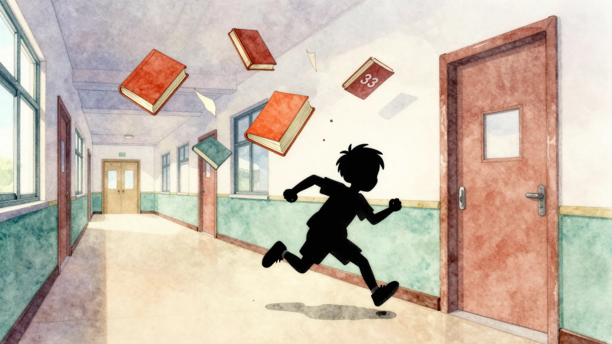 Watercolor style. A funny cartoon scene of a school hallway ...