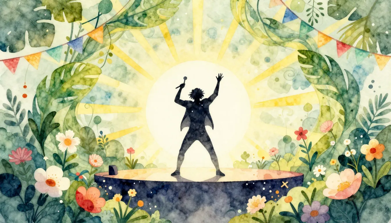 Watercolor style. A silhouette of a performer on a stage sur...