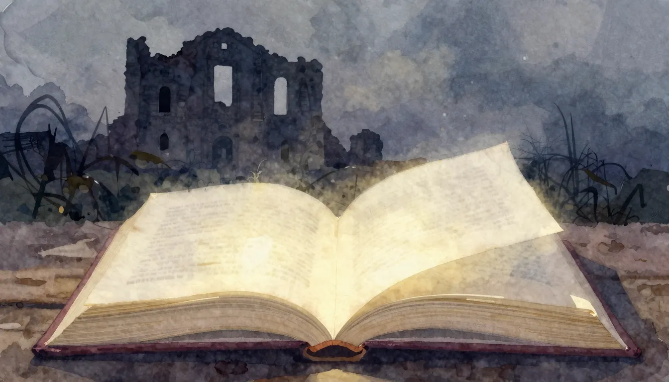 Watercolor style. An open book with glowing pages, a silhoue...