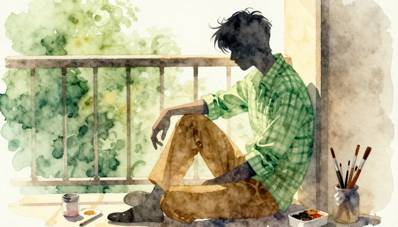 Watercolor style. A silhouette of a young man with messy hai...