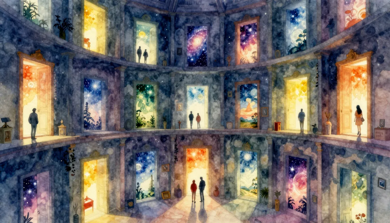 Watercolor style. Magical tall building interior, floors fil...