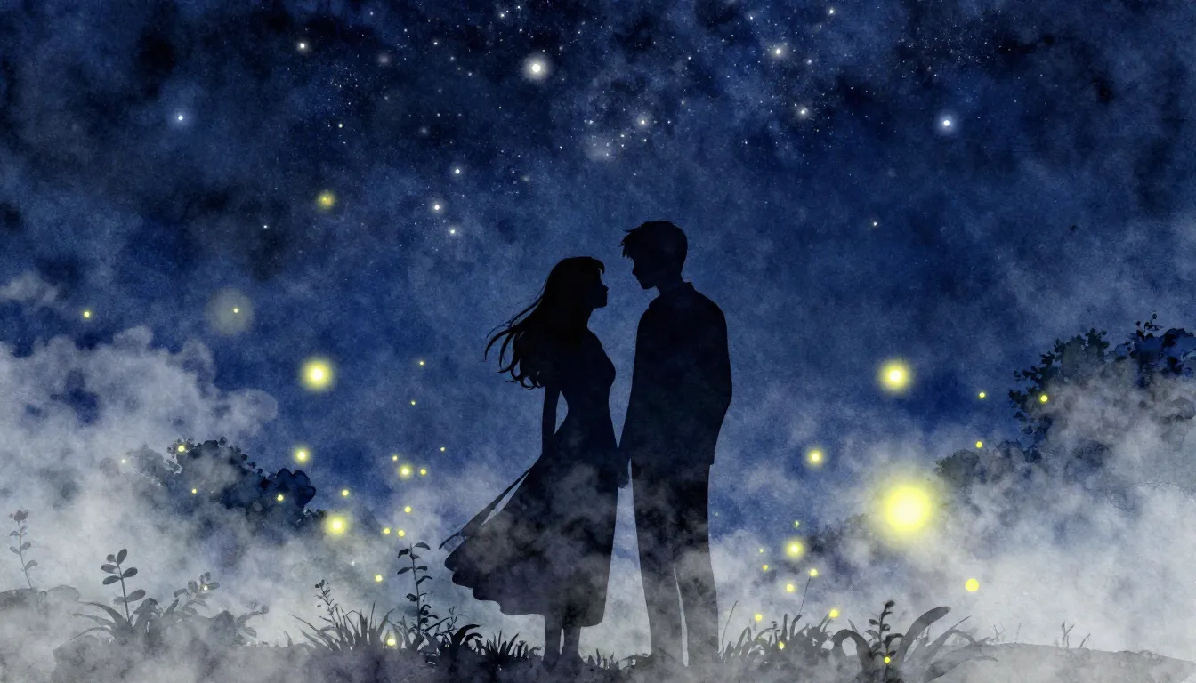 Watercolor style. A romantic silhouette of a couple standing...