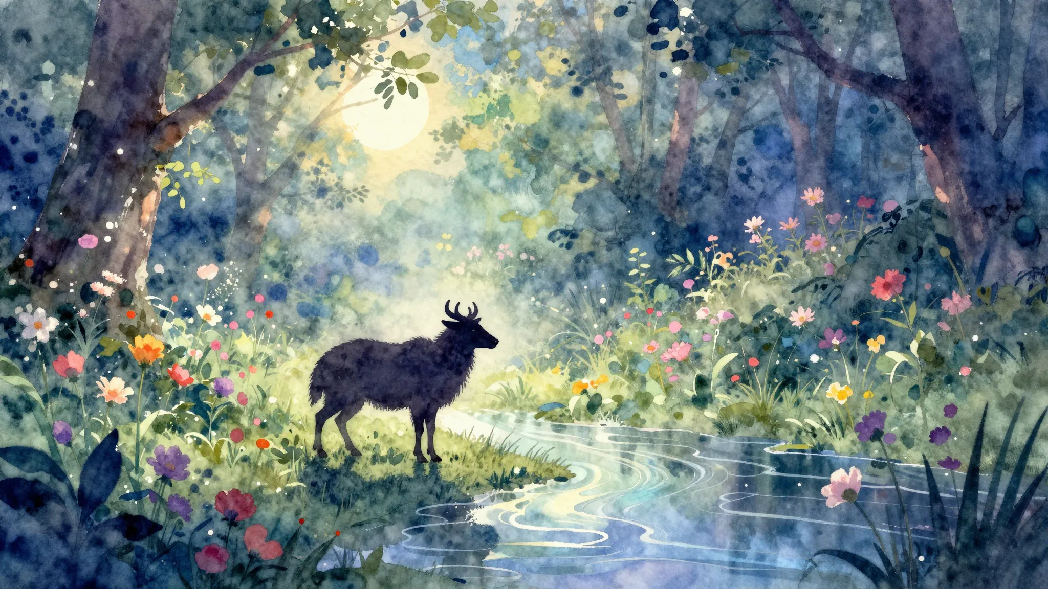 Vibrant watercolor style. A serene, melancholic ballad album...