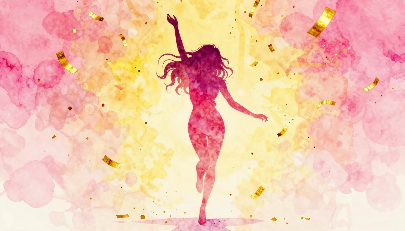 Watercolor style. Silhouette of a happy woman dancing under ...