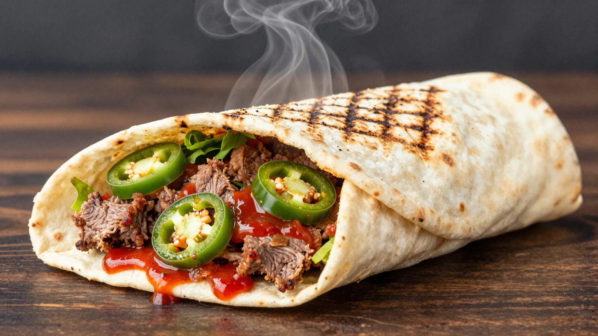 Watercolor style. Close-up of a spicy shawarma wrap, grilled...