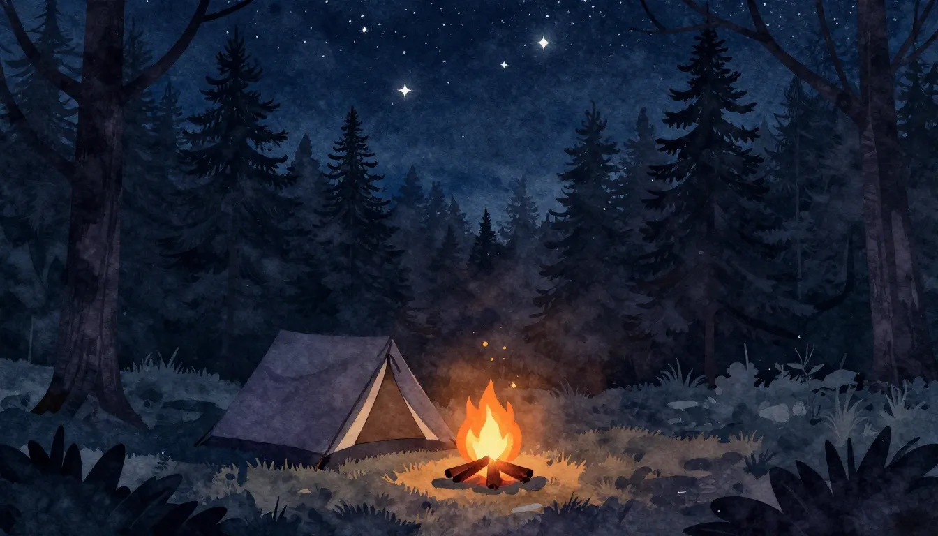 Watercolor style. Silhouette of a small tent near a glowing ...