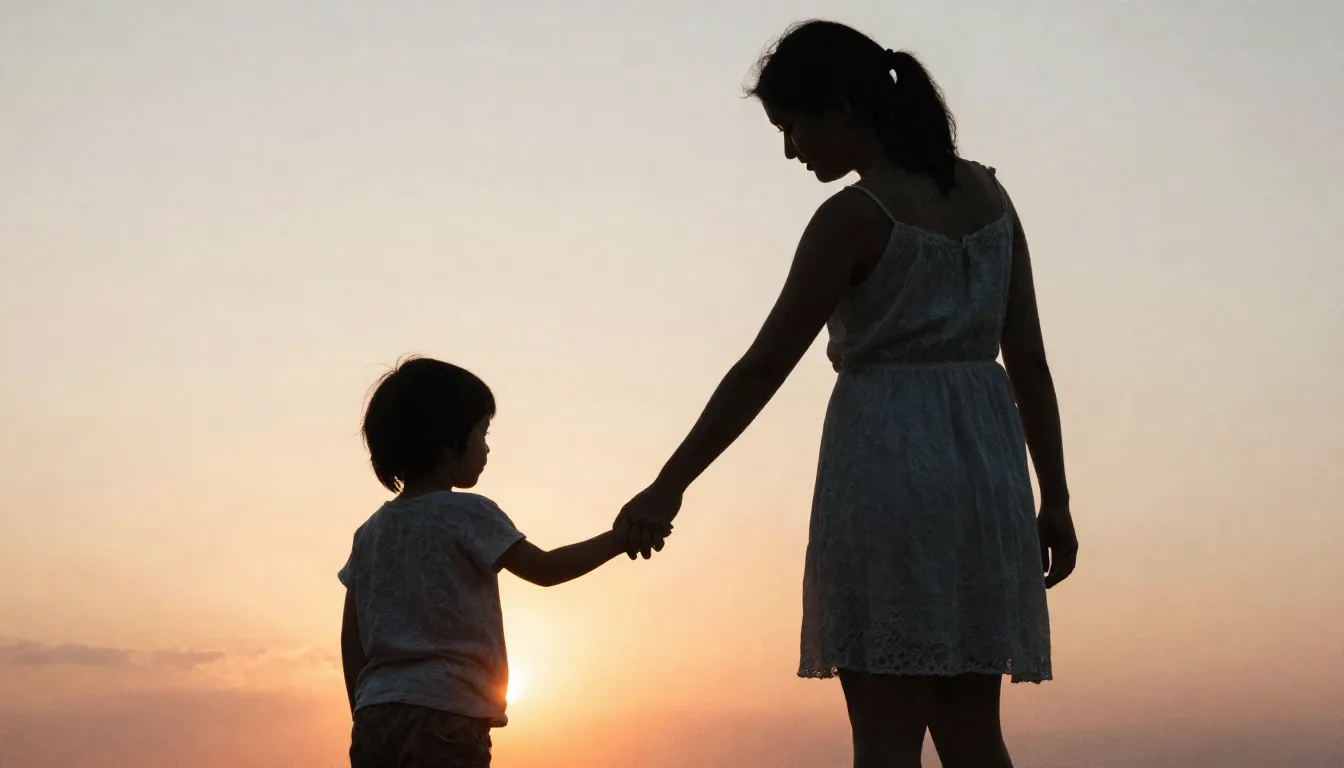 Watercolor style. A silhouette of a mother holding a small c...