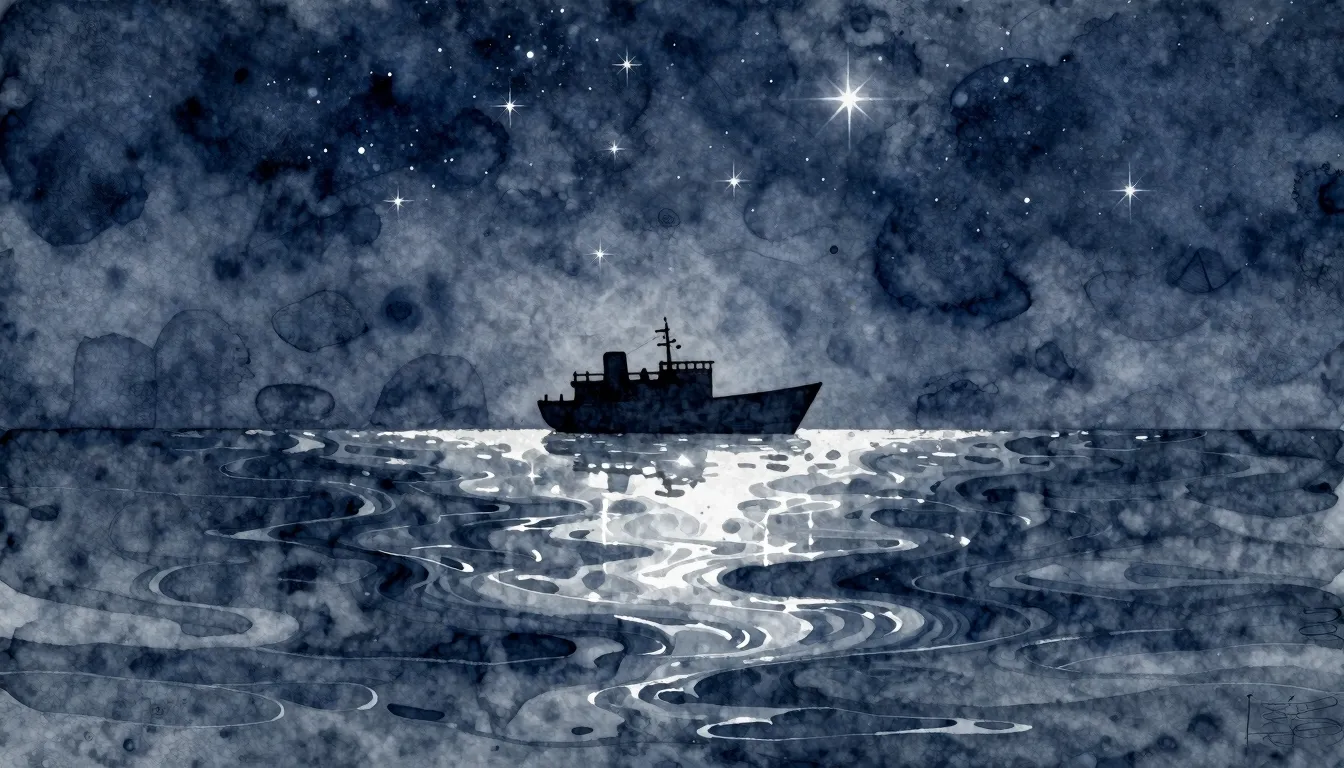 Watercolor style. A lonely ship silhouette sailing on a vast...