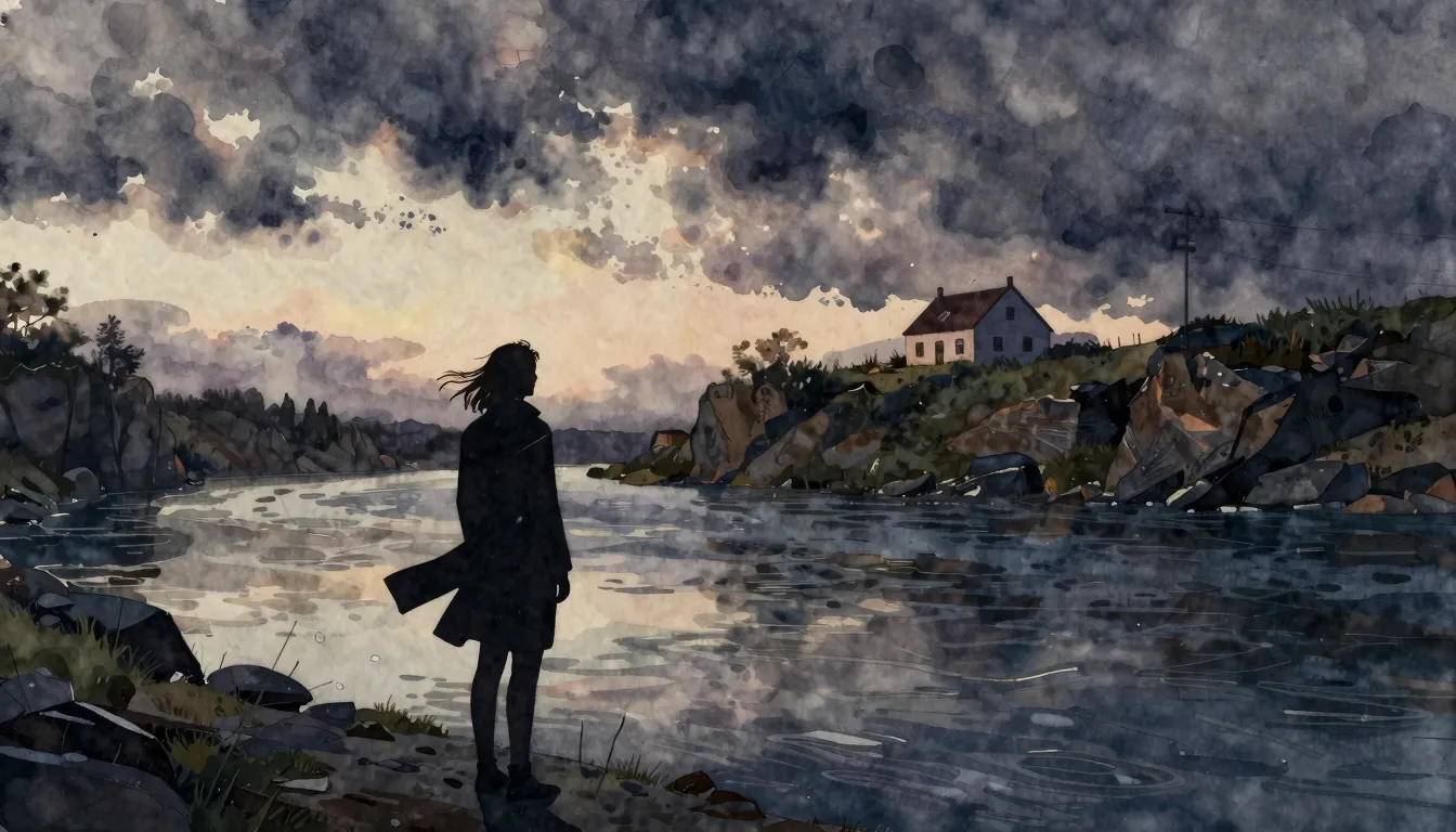 Watercolor style. A lonely silhouette stands on a riverbank ...