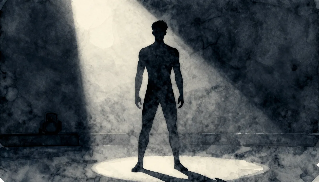 Watercolor style. A dark silhouette of a fit young man stand...