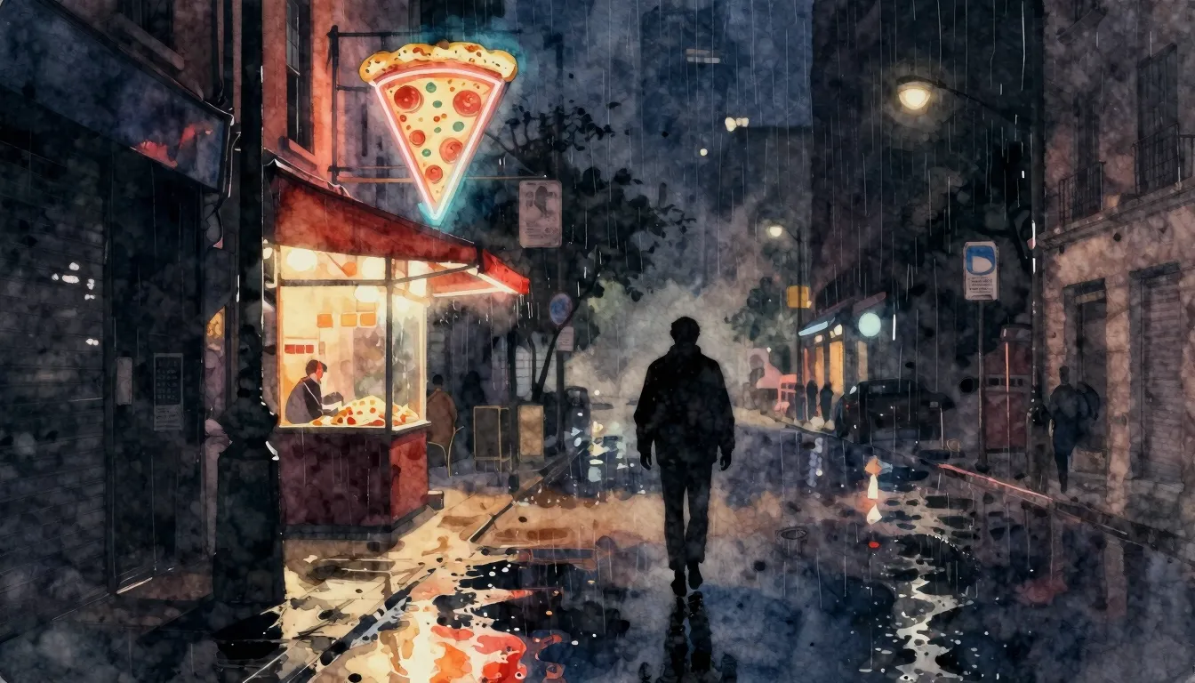 Watercolor style. Dark city street at night, glowing neon si...