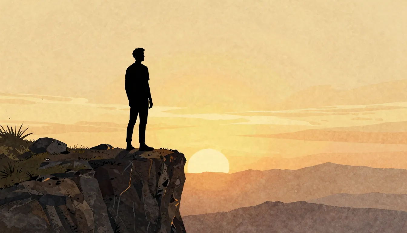Watercolor style. A silhouette of a man standing on a high c...