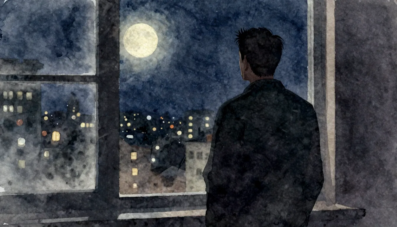 Watercolor style. A dark silhouette of a man standing by a w...