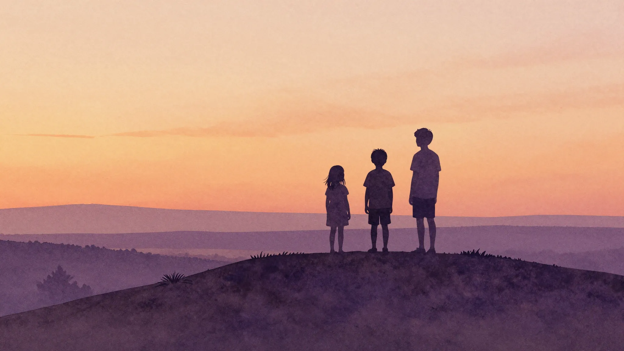 Watercolor style. Silhouettes of three siblings standing on ...