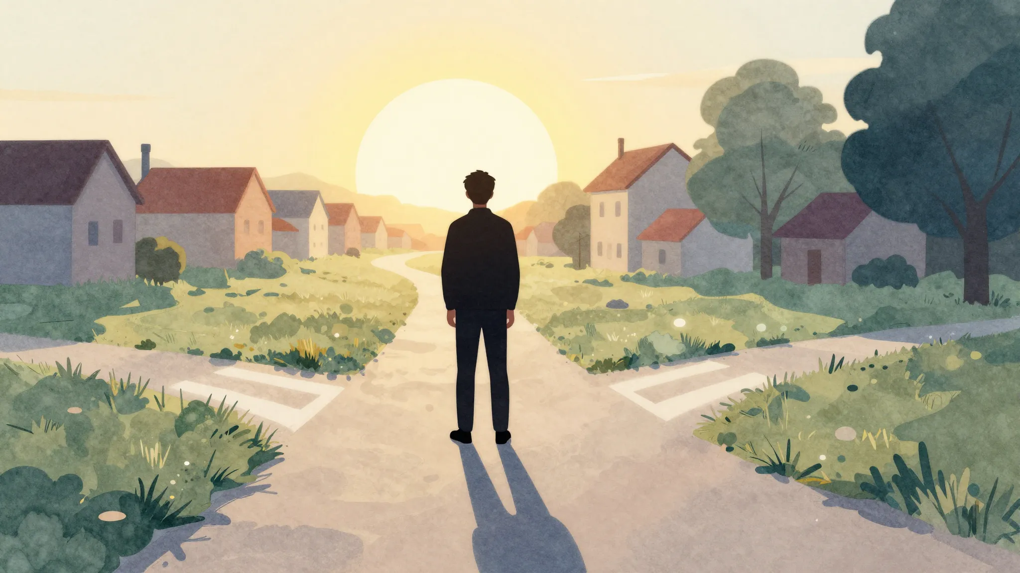 Watercolor style. A silhouette of a person standing at a cro...