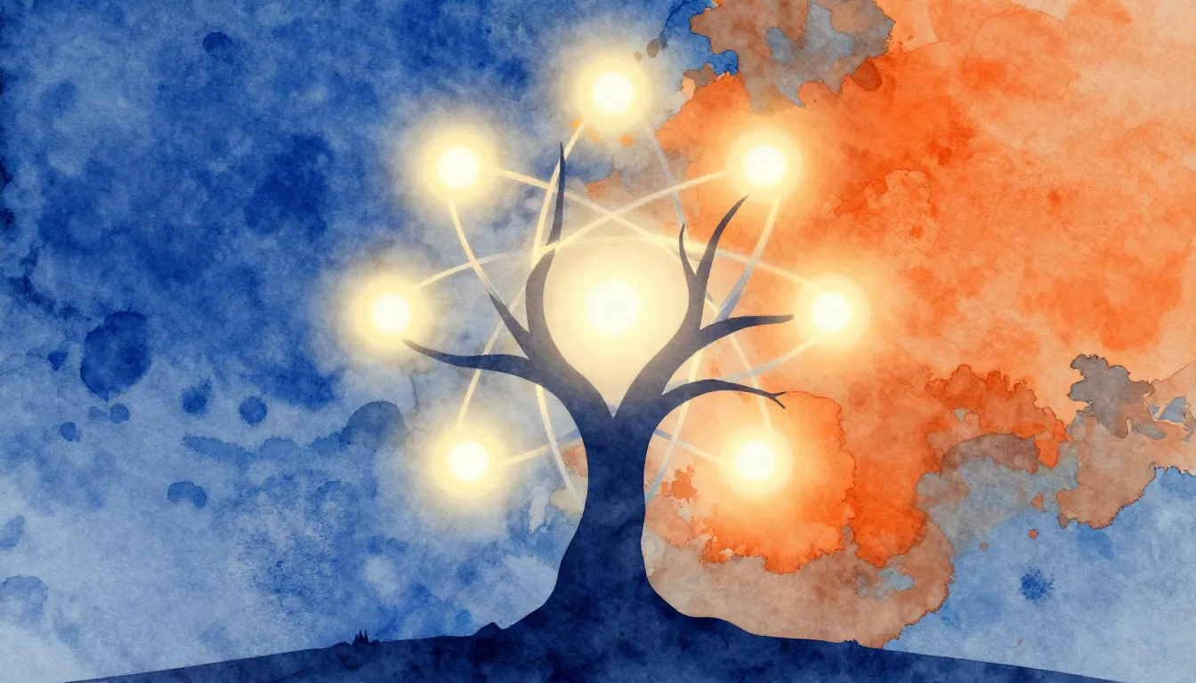 Watercolor style. A glowing silhouette of a stylized atom tr...