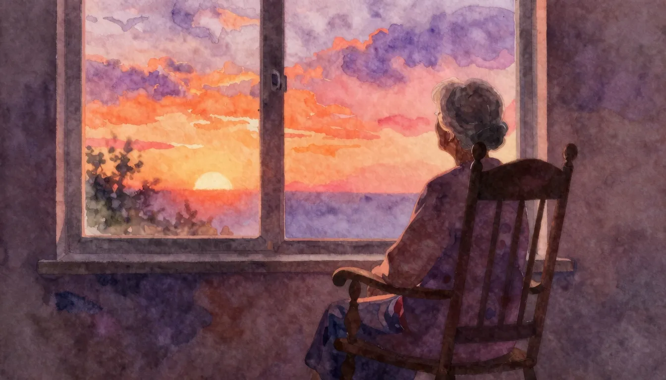 Watercolor style. An abstract silhouette of an old woman sit...