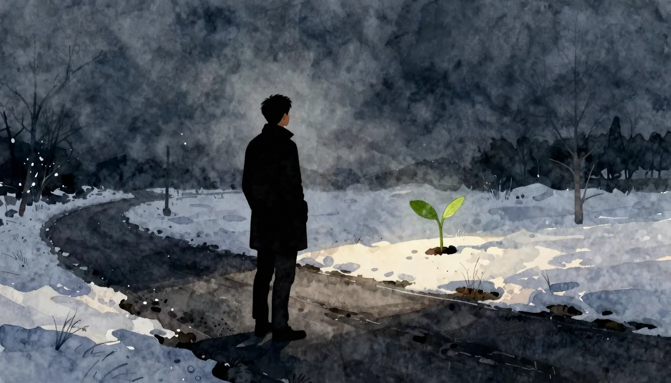 Watercolor style. A lonely silhouette of a man stands on a d...