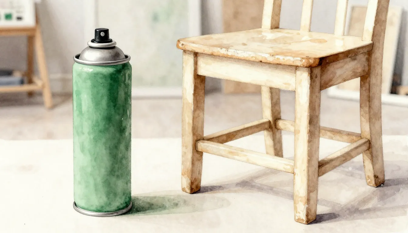 Watercolor style. A spray can of matte green paint next to a...