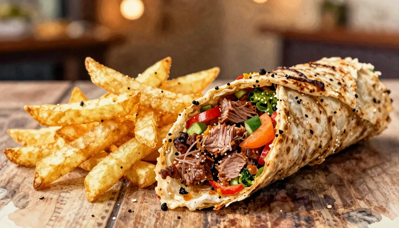 Watercolor style. Appetizing spicy shawarma cut in half, sho...