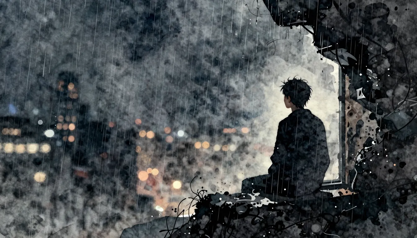 Vibrant watercolor style. Dark rock album cover, heavy rain,...