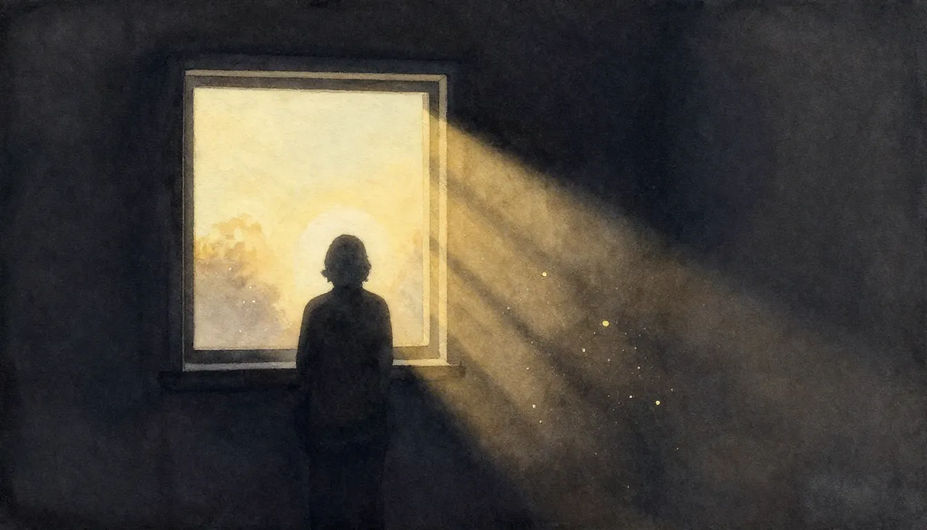 Watercolor style. A dark room with a single window, a silhou...