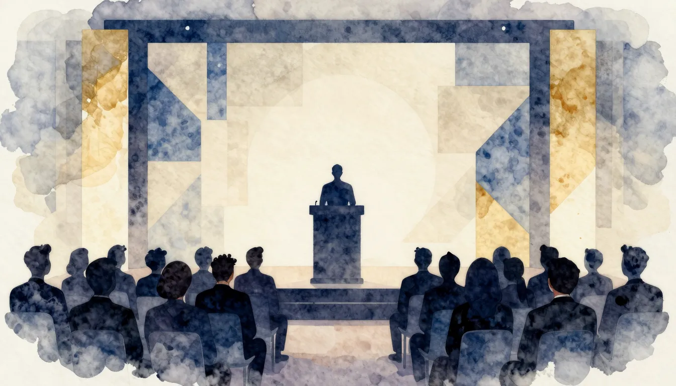 Watercolor style. A formal event hall with a stage. Silhouet...