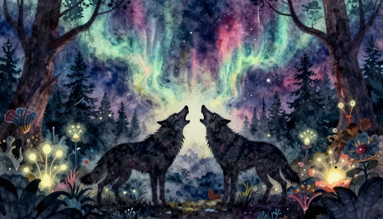 Watercolor style. A surreal forest at night. Strange, glowin...