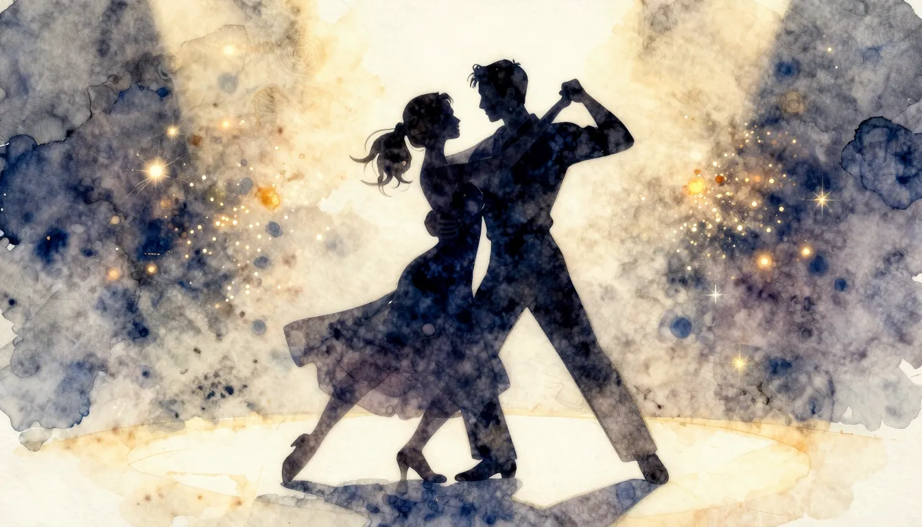 Watercolor style. Two dark silhouettes of a couple dancing g...