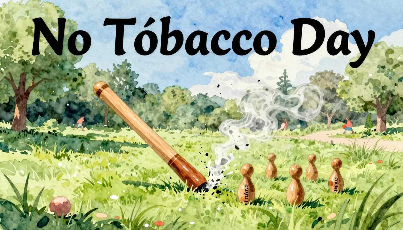 Vibrant watercolor style. Rock album cover: "No Tobacco Day"...