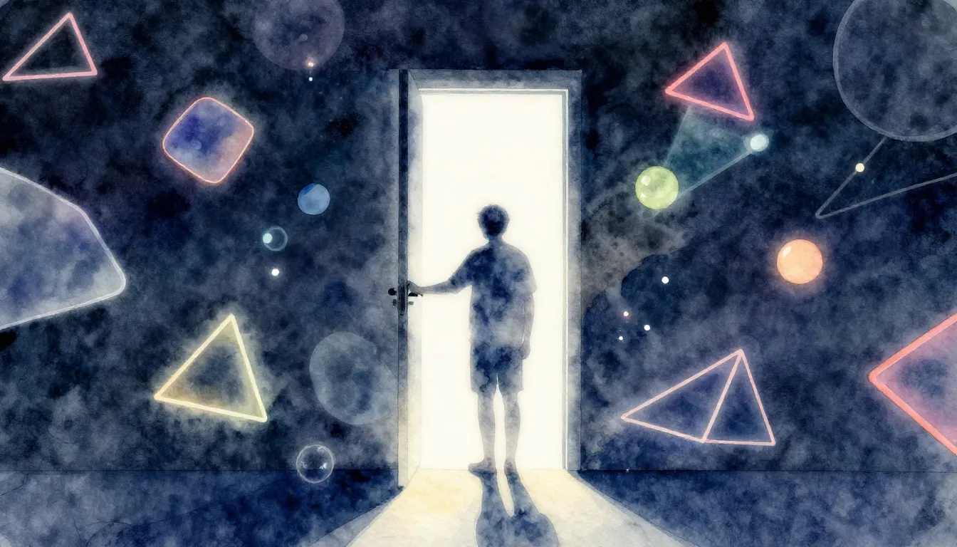 Watercolor style. A glowing silhouette of a person opening a...