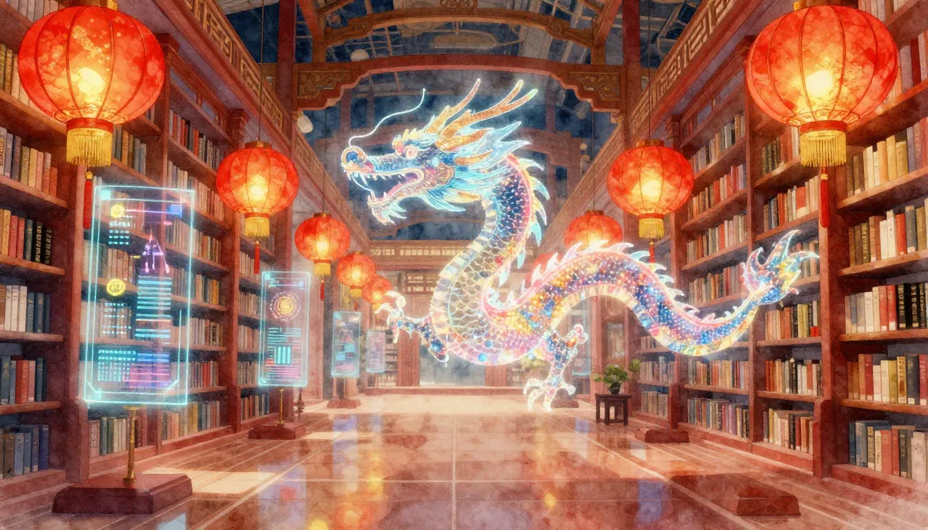 Watercolor style. A futuristic library hall with floating ho...