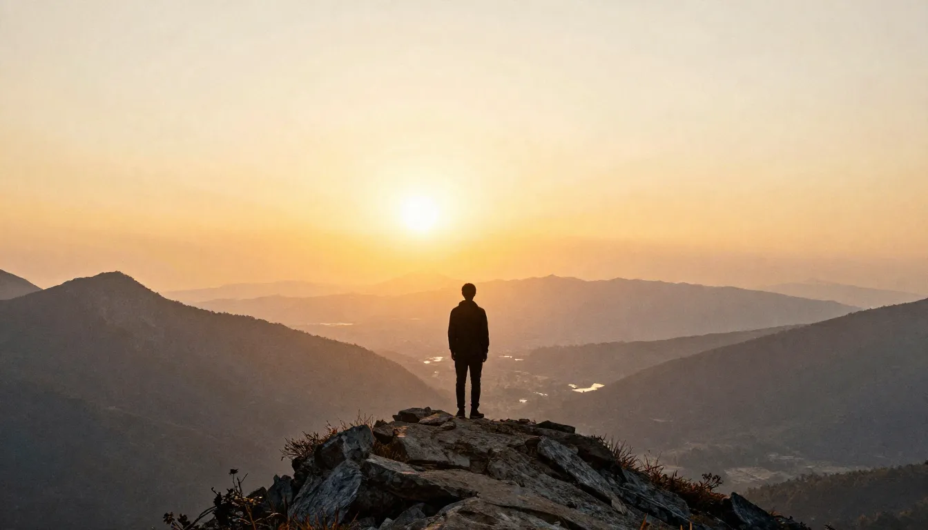 Watercolor style. A silhouette of a person standing on a mou...