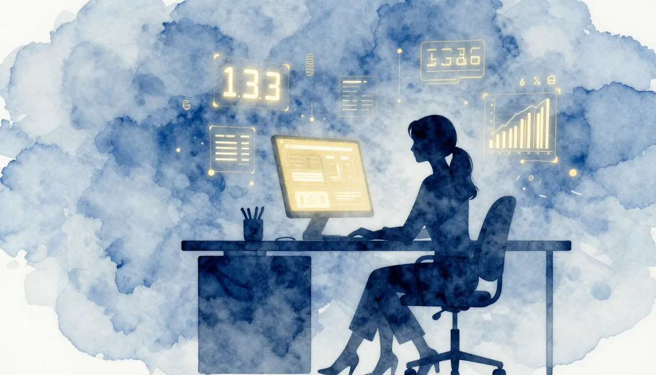 Watercolor style. A silhouette of a woman sitting at a desk ...