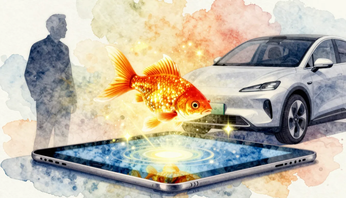 Watercolor style. A glowing golden fish jumping out of a mod...